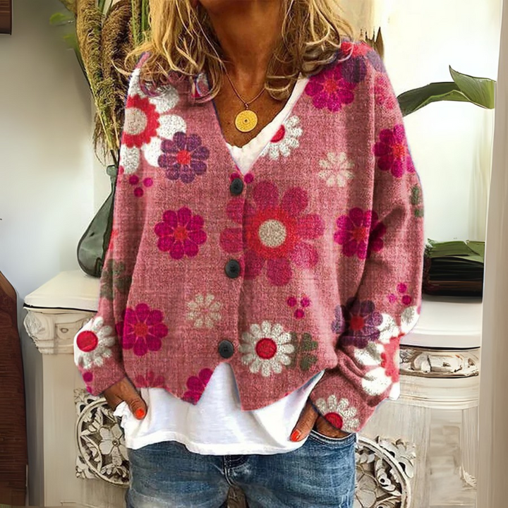 Aurore — Cardigan fleuri en maille douce
